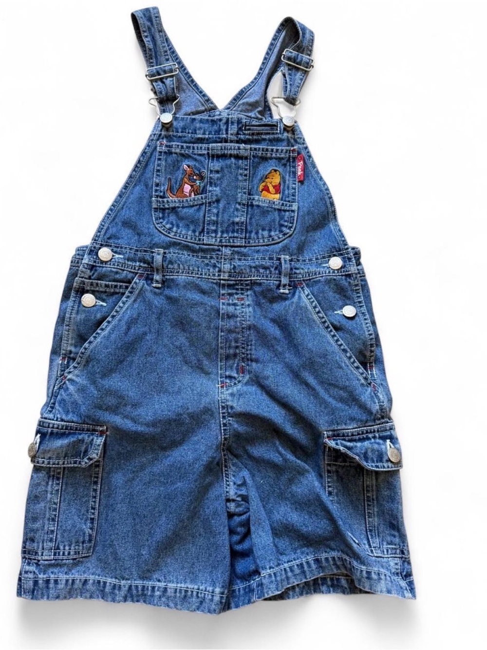 Disney Winnie The Pooh Denim Cargo Short Overalls Embroidered Kids Sz 10 VTG 90s